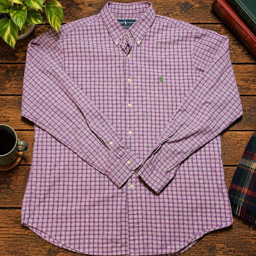 Ralph Lauren Classic Fit Button Down Shirt Mens XL Purple Navy Plaid Green Pony